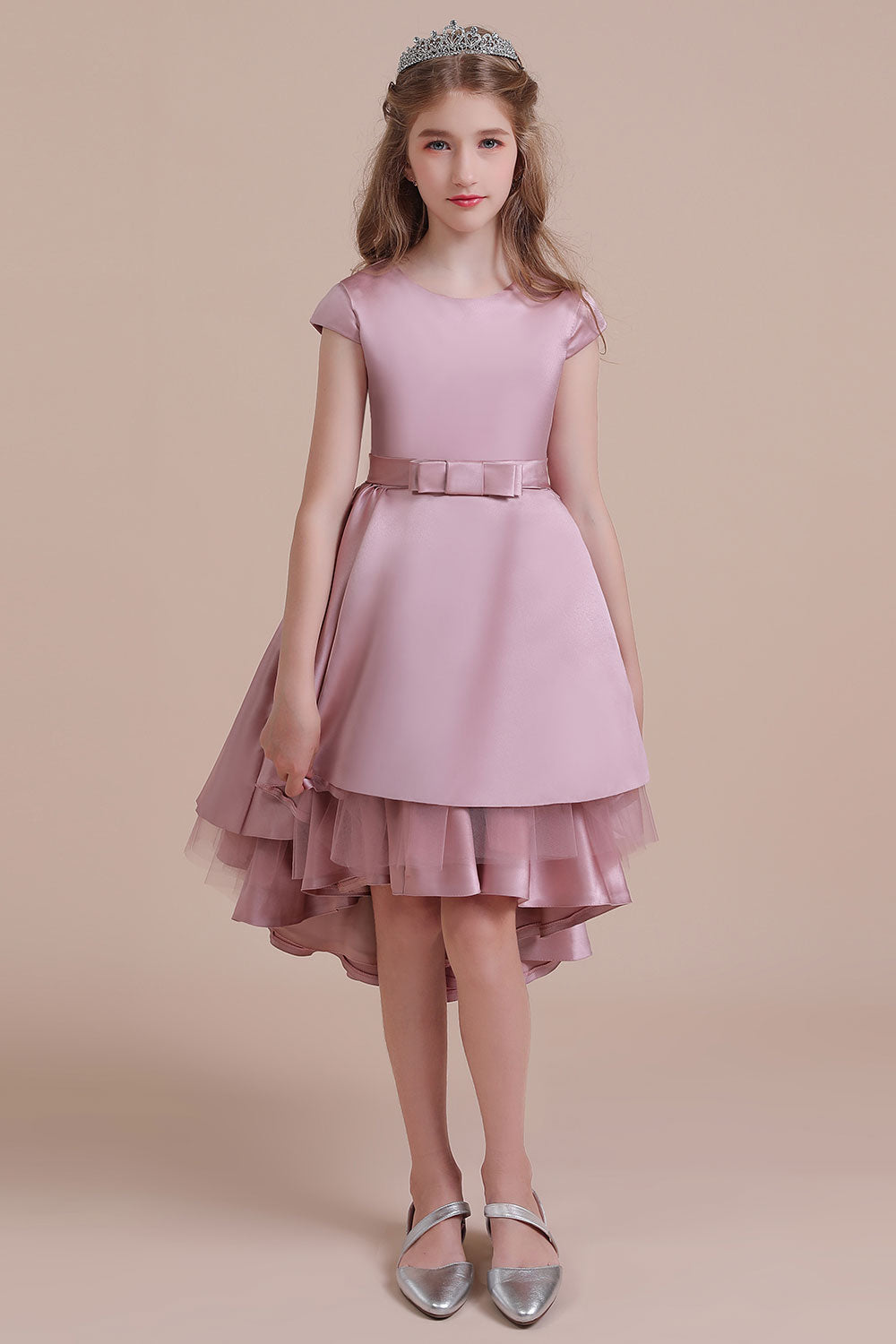 Lovely A-line Satin Hi-Lo Dusty Pink Flower Girl Dress with Cap Sleeves