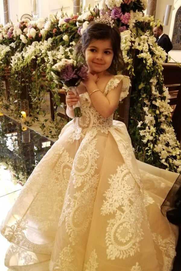 A-Line Flower Girl Dress with Appliques Lace & Pearls