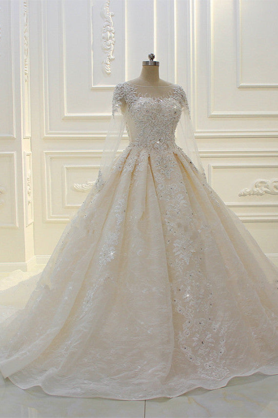 Bateau Long Sleeves Lace Appliques Ball Gown Wedding Dress