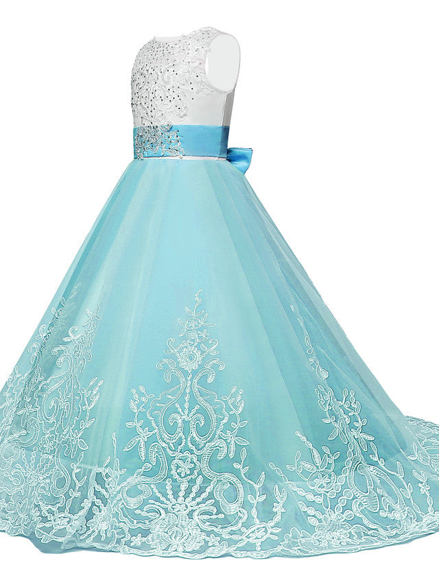 Lace Tulle Princess Maxi Flower Girl Dress with Jewel Neck and Bow Paillette