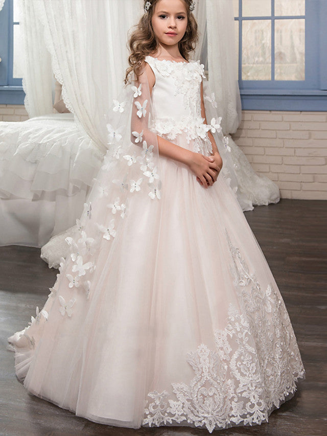 Sleeveless Boat Neck Flower Girl Dresses with Tulle and Lace Appliques