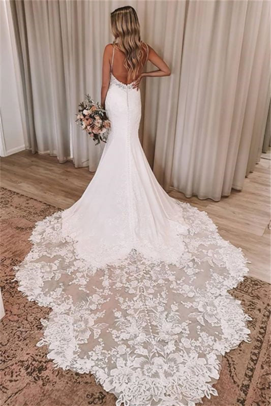 V-Neck Mermaid Lace Appliques Wedding Dress with Spaghetti-Straps and Backless Design