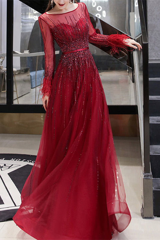 Red Evening Dress with Feather & Sequins - On Sale Now!