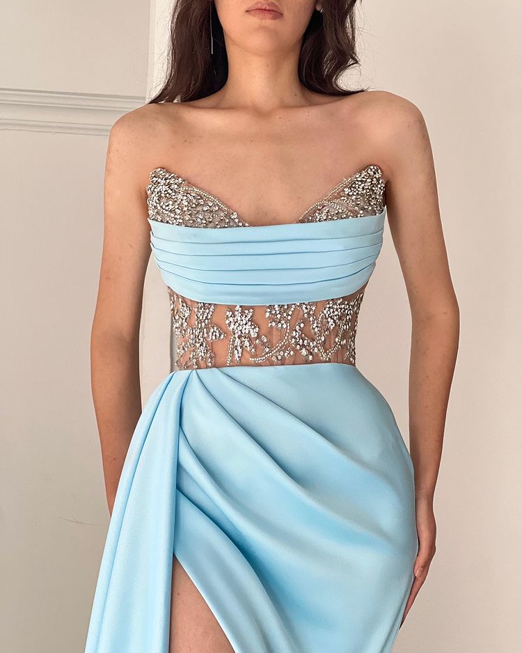 Modern Sky Blue Strapless Mermaid Prom Dress with Beads