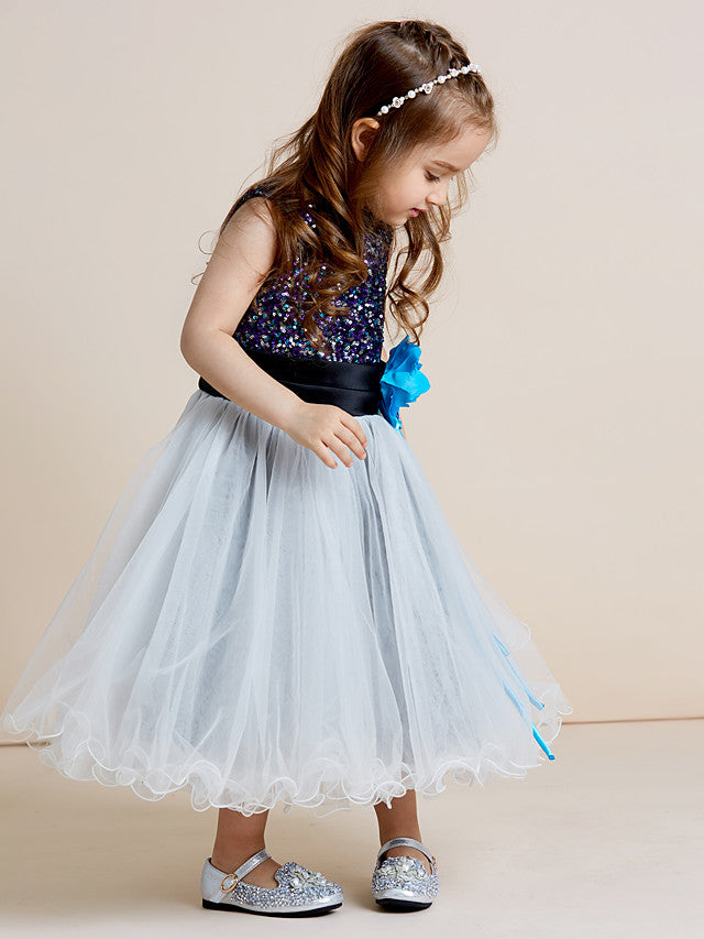 A-Line Tea Length Tulle & Sequined Sleeveless Jewel Neck Dress with Sash Ribbon Sequin Draping and Mini Me