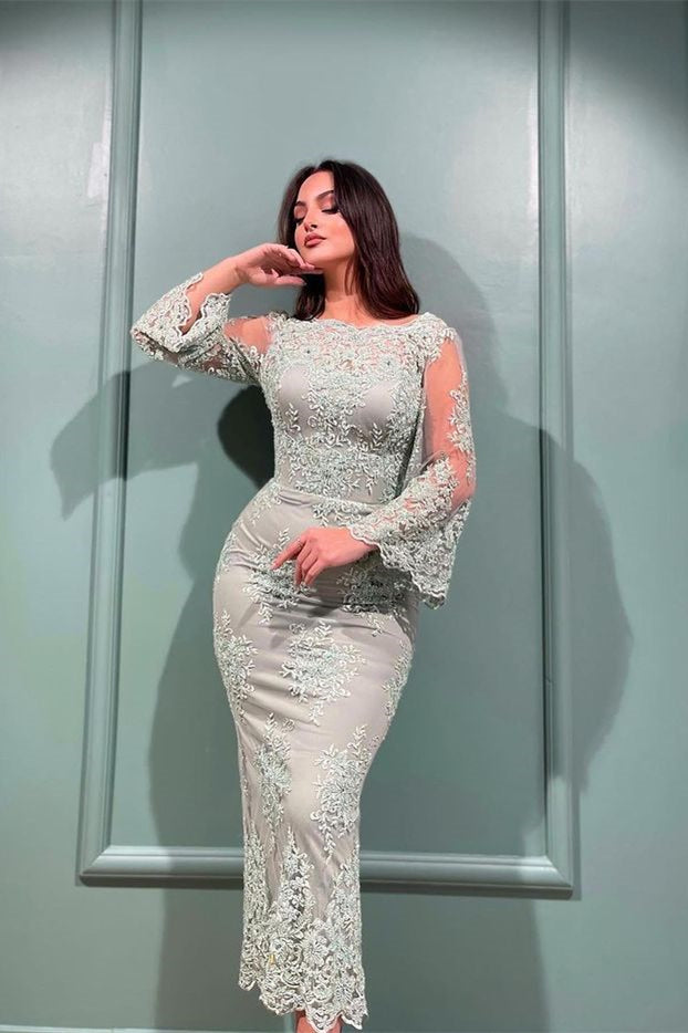 Glamorous Long Sleeve Mermaid Evening Dress with Lace Appliques Bateau