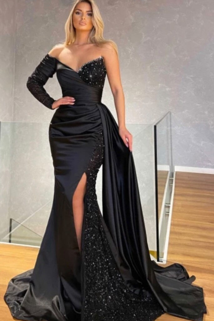 One Shoulder Long Sleeve Split Black Mermaid Prom Dress With Sequins