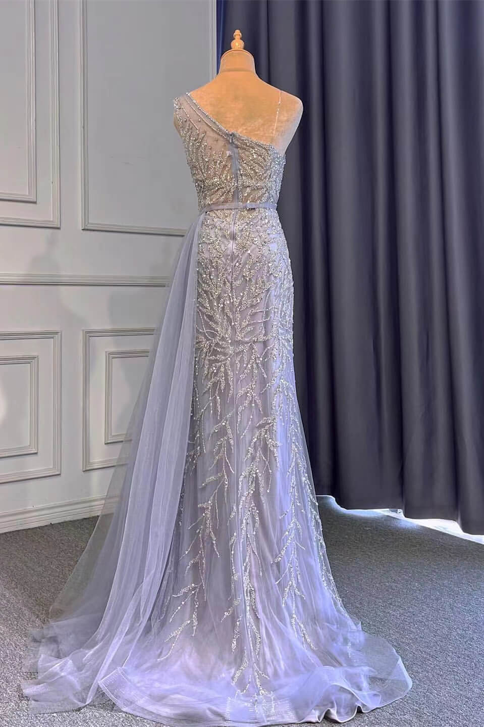 Light Purple Mermaid Prom Dress with Long Ruffles Appliques and Front Split