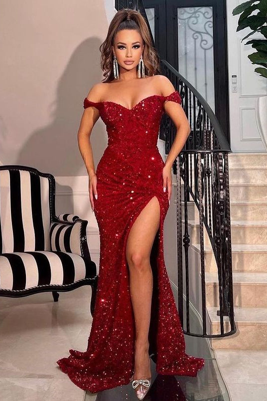 Off-The-Shoulder Sweetheart Red Sequin Mermaid Prom Dress with Split