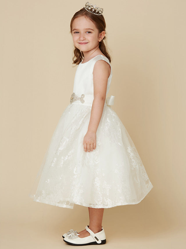 Princess Lace Satin Sleeveless Dress with Sash Bow for Flower Girls