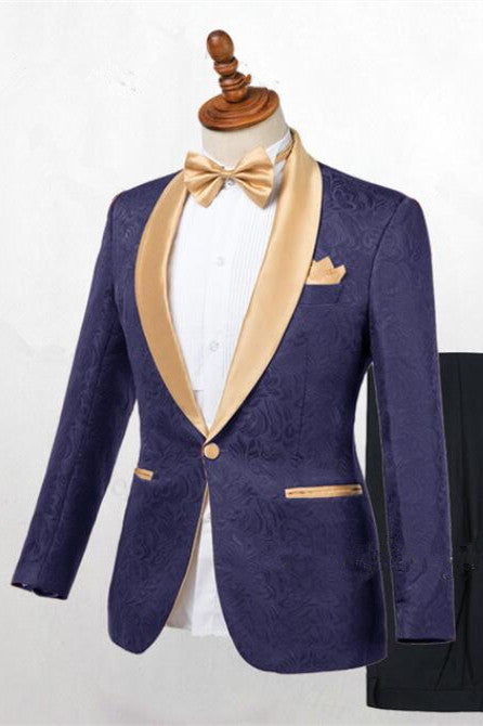 Chic Dark Blue Jacquard Wedding Suit With Shawl Lapel For Men