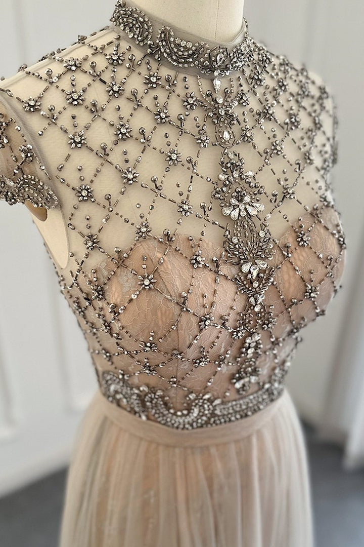 Chic A-Line Prom Dress with Champagne Jewel Neck and Tulle Diamond-Studded Detail