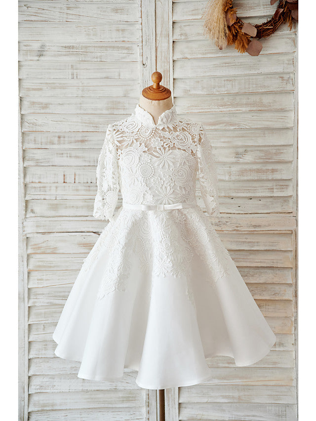 Elegant Ball Gown Long Sleeve High Neck Flower Girl Dress with Lace Tulle Bows and Sash Ribbon