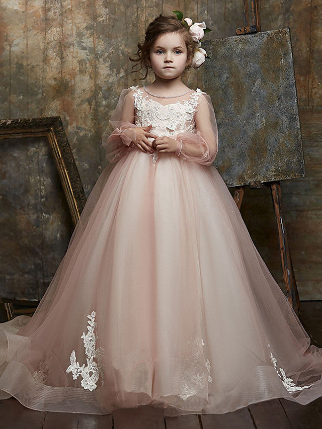 Illusion Neck Lace Organza Ball Gown with Appliques Buttons for Flower Girl Dresses