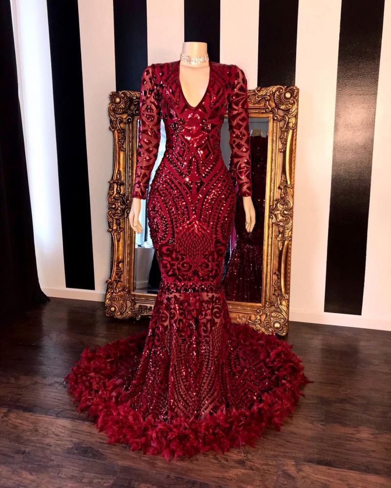 Sequined Burgundy Mermaid Prom Dress with Long Sleeves