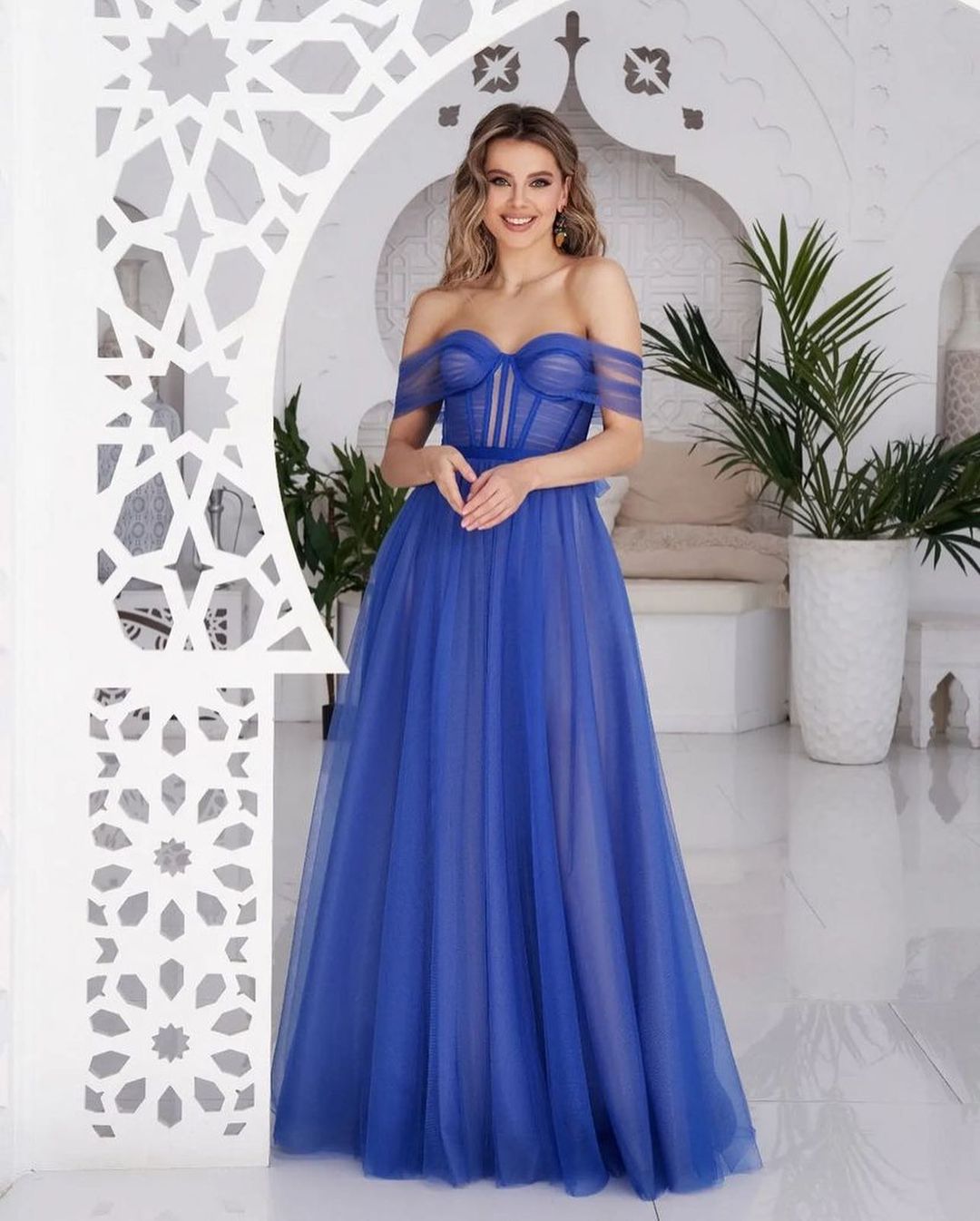 Royal Blue Prom Dress with Off-the-shoulder Sweetheart Tulle
