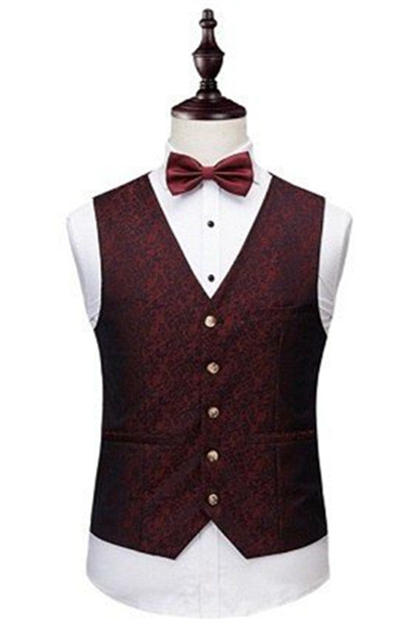 Wedding Wine Ruby Three Piece Jacquard Tuxedo Suit with Notched Lapel