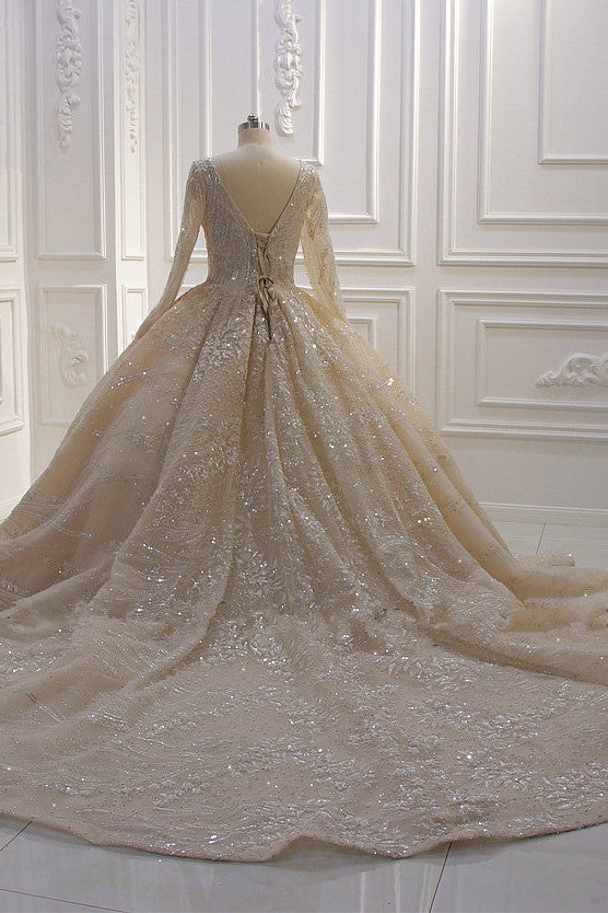 Glamorous Long Sleeves V-neck Ball Gown Wedding Dress With Sequins Beading Ruffles