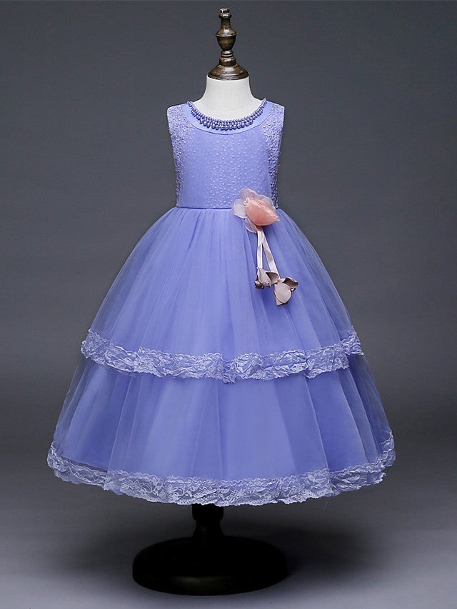 Lace Tulle Polyester Sleeveless Jewel Floor Length Flower Girl Dress With Pearls and Appliques