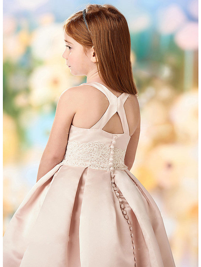 Gorgeous Cap Sleeve A-Line Lace Satin Flower Girl Dress With Buttons