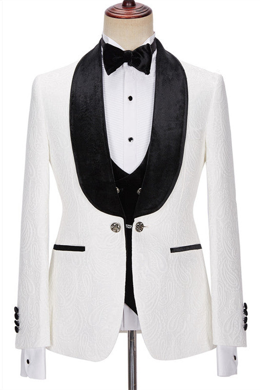 White Jacquard 3-Piece Wedding Suit with Velvet Lapel for Men ¨C New Arrival