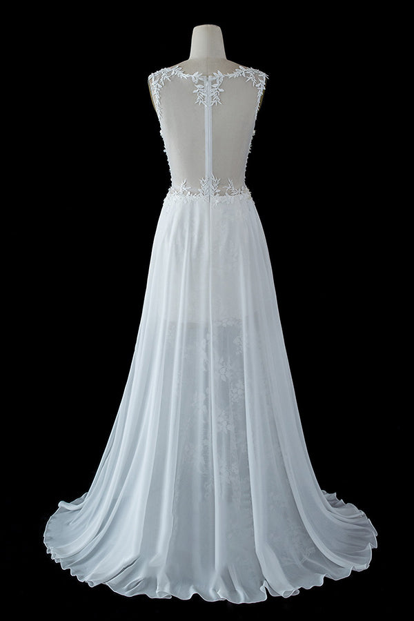 A-line Wedding Dress with Sheer Tulle Straps and Lace Split