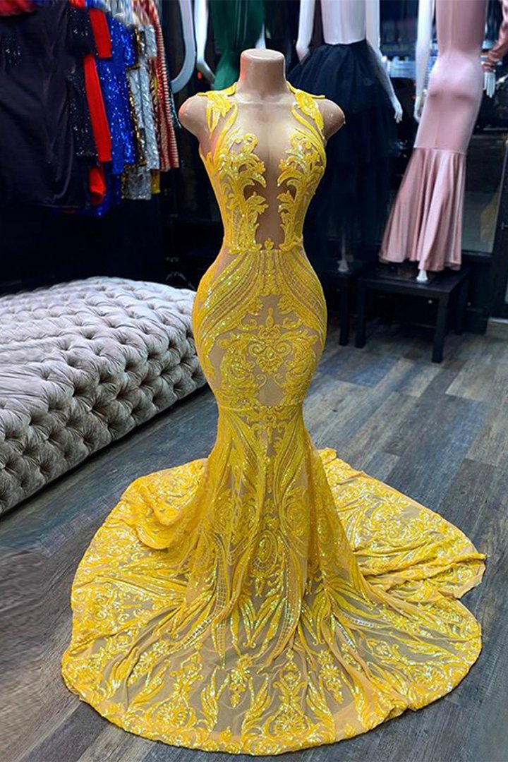 Mermaid Yellow Sequins Prom Dress with Sleeveless Design