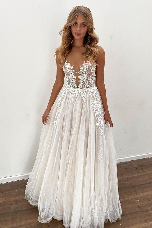 Gorgeous Sheer A-line Floor Length Wedding Dress with Tulle Appliques