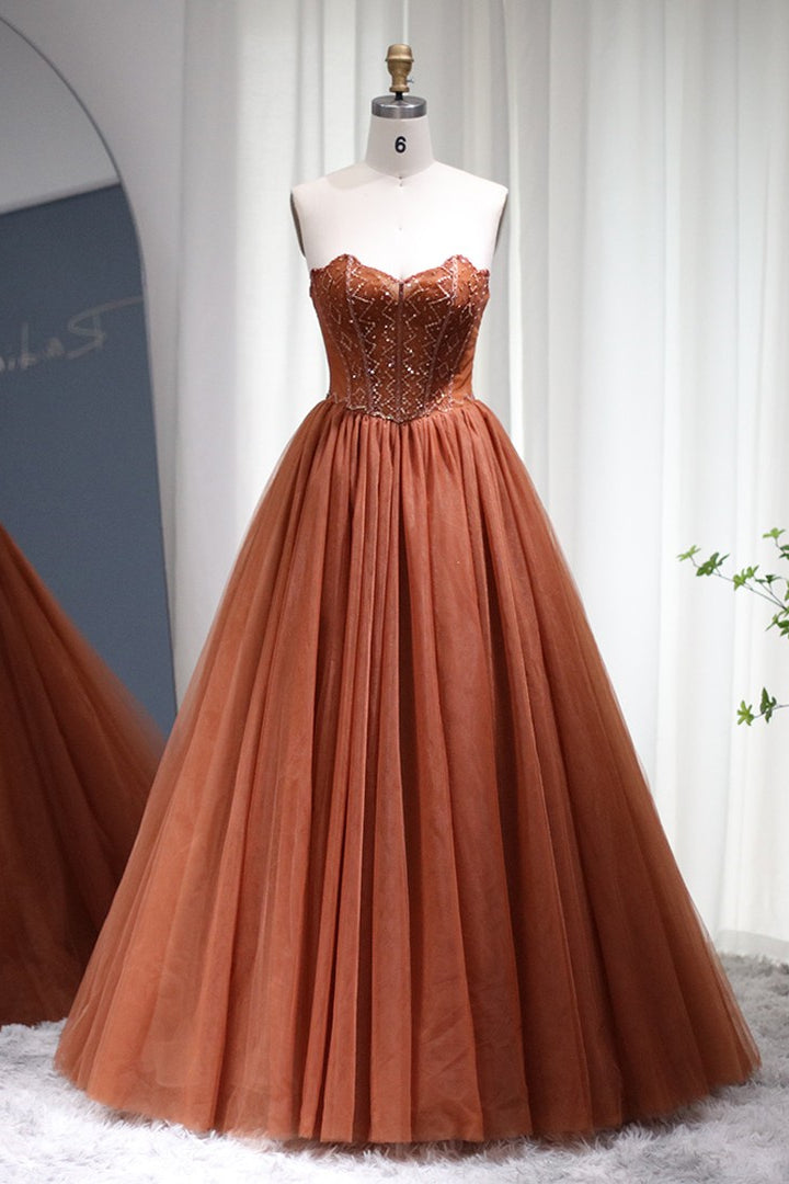 A Line Prom Dress - Strapless Tulle Floor Length with Appliques