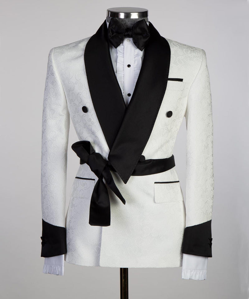 White Double Breasted Shawl Lapel Jacquard Wedding Suit for Men by Cuthbert Fashion