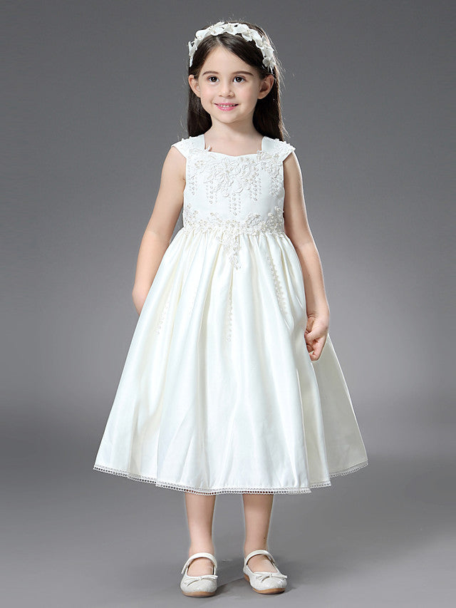 Princess Ball Gown Dress with Belt and Beaded Appliques for Flower Girls