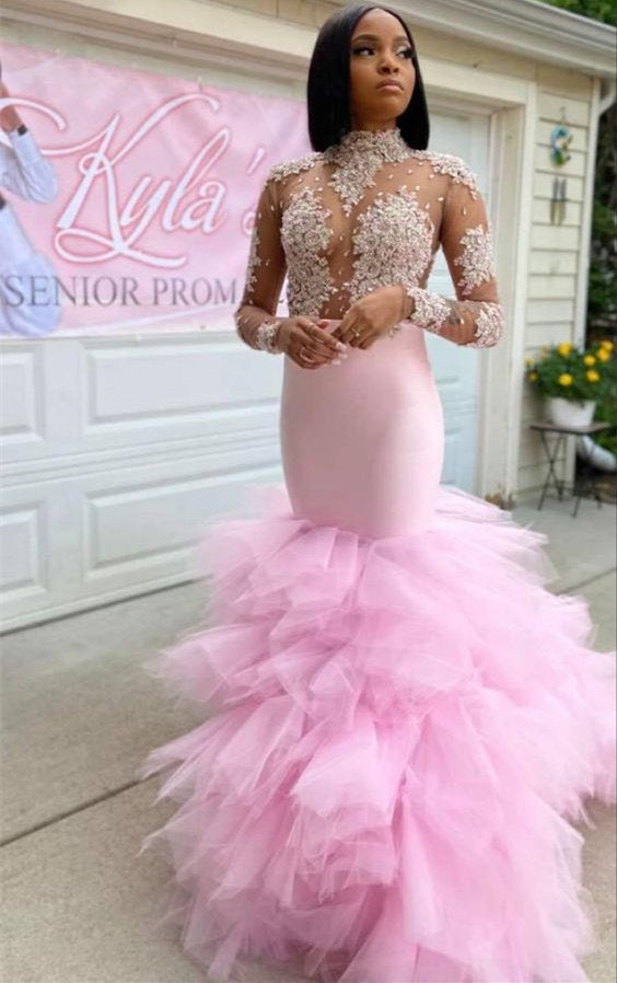 Stunning Pink Tulle Mermaid Prom Dress With Lace Appliques