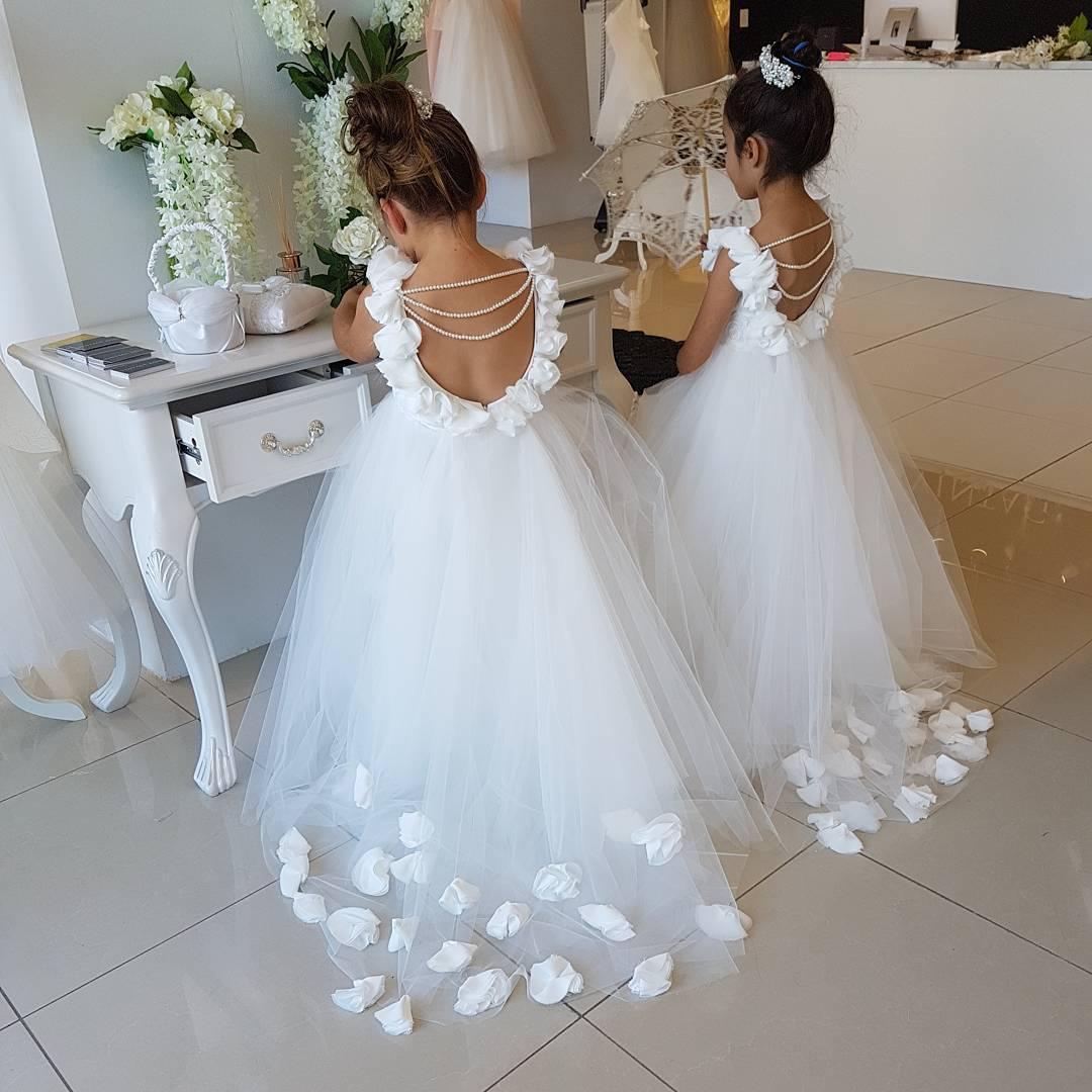 Tulle Flower Girl Dress with Pearls Appliques - Backless Sleeveless Design