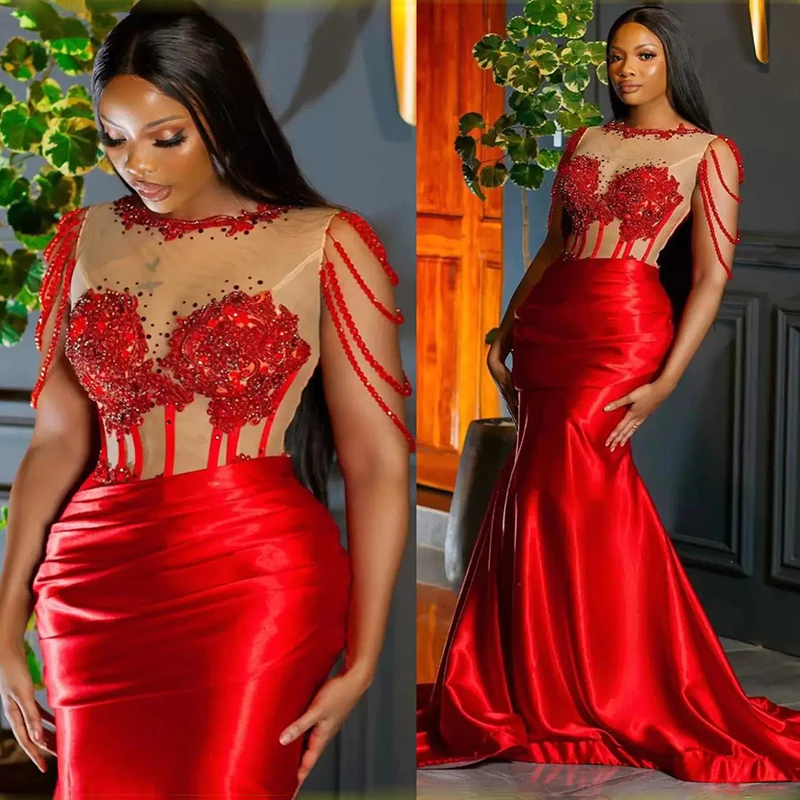 Red Mermaid Princess Prom Dress With Beaded Crew Neck Sleeveless Trumpet