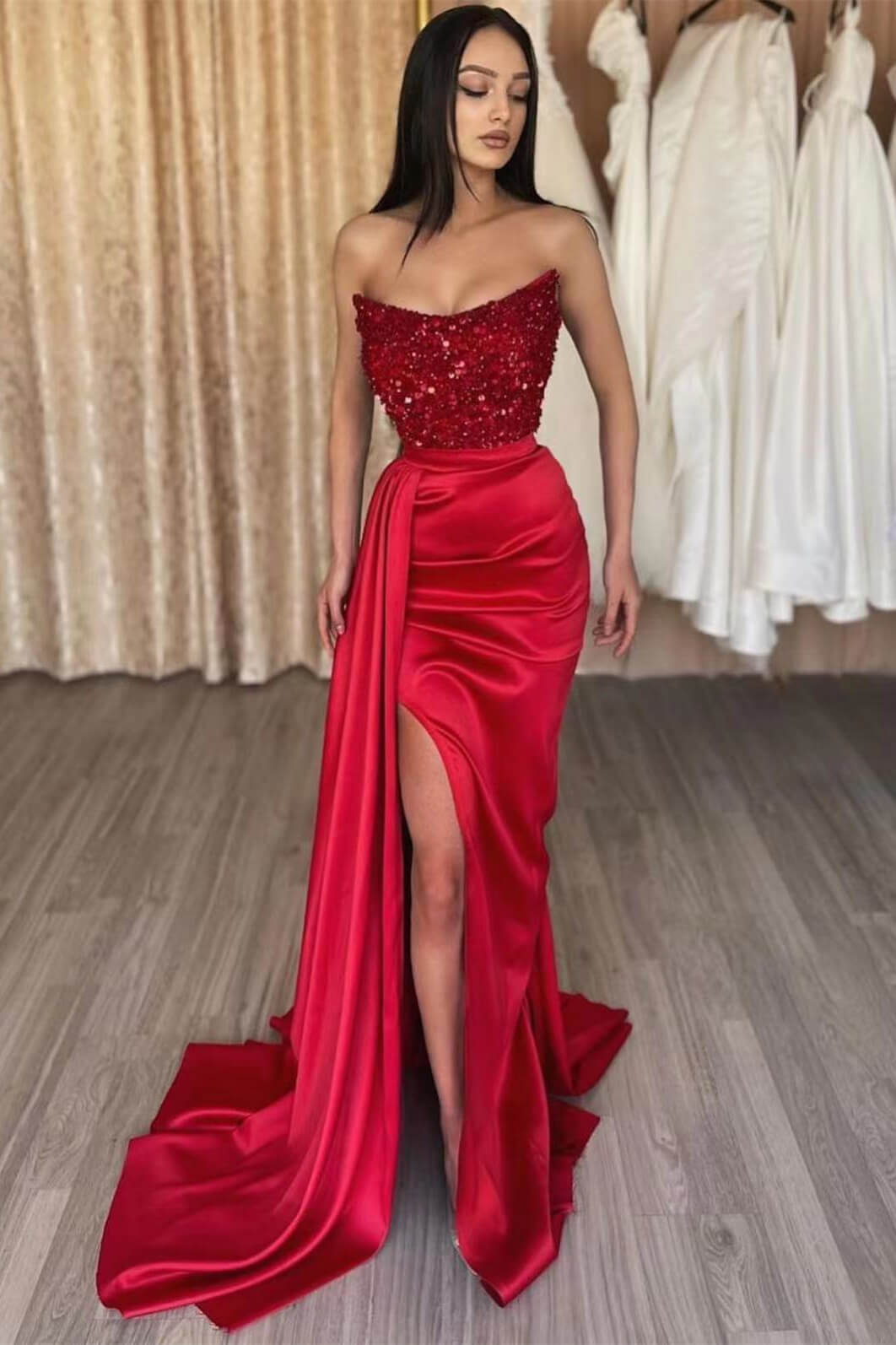 Elegant Red Sequins Prom Dress - Long Mermaid Split Strapless