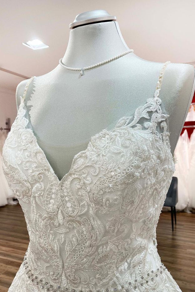 Long A-line V-neck Spaghetti-Straps Backless Wedding Dress with Lace Ruffles