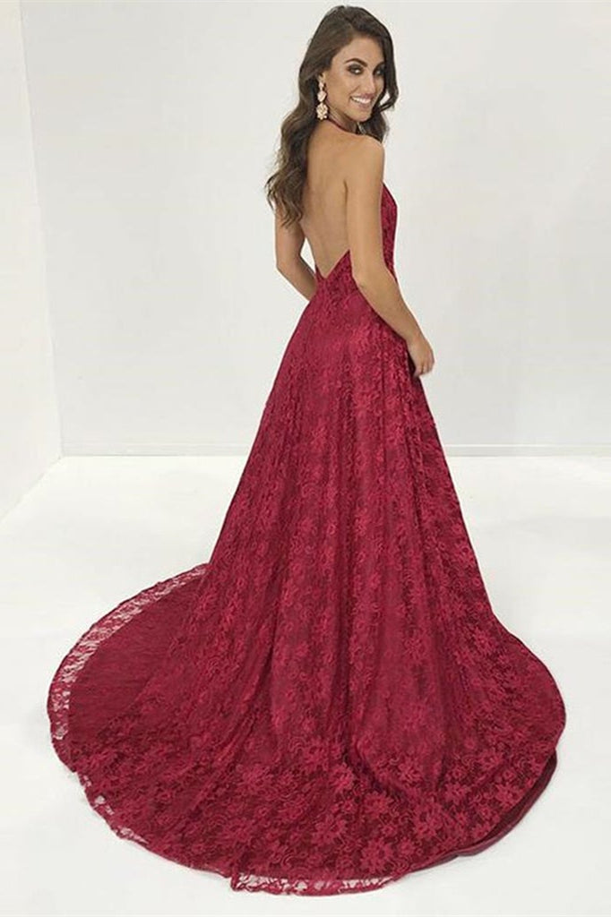 Modern Burgundy V-Neck Lace Prom Dress