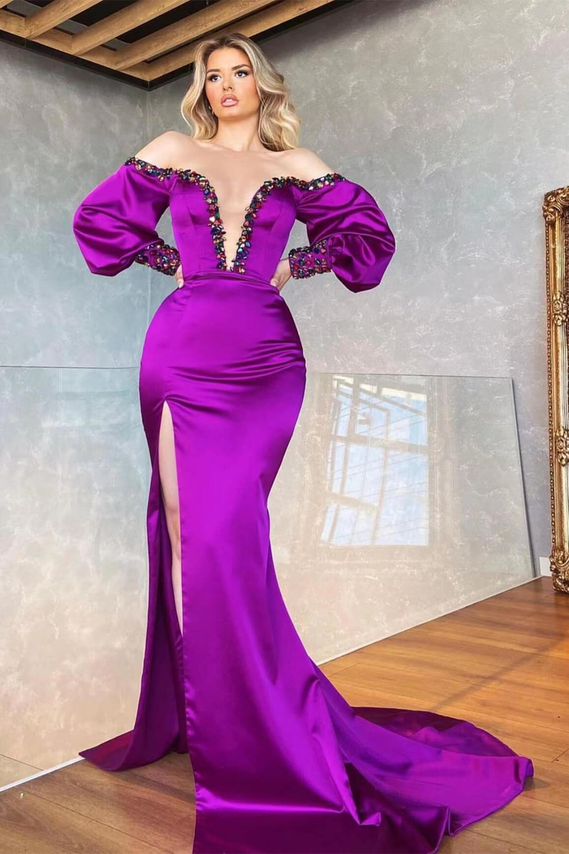 Purple Mermaid Beadings Front Split Prom Dress Off-The-Shoulder With Long Sleeves V-Neck