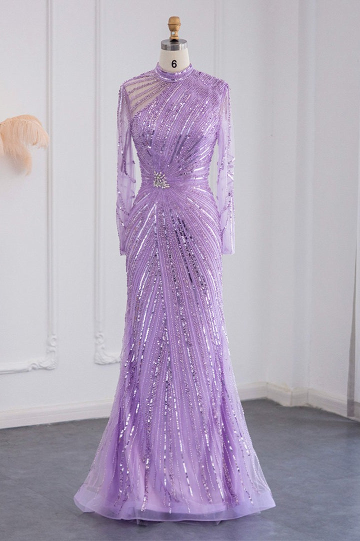 Violet High Neck Mermaid Evening Dress with Tulle Long Sleeves and Sparkle Appliques