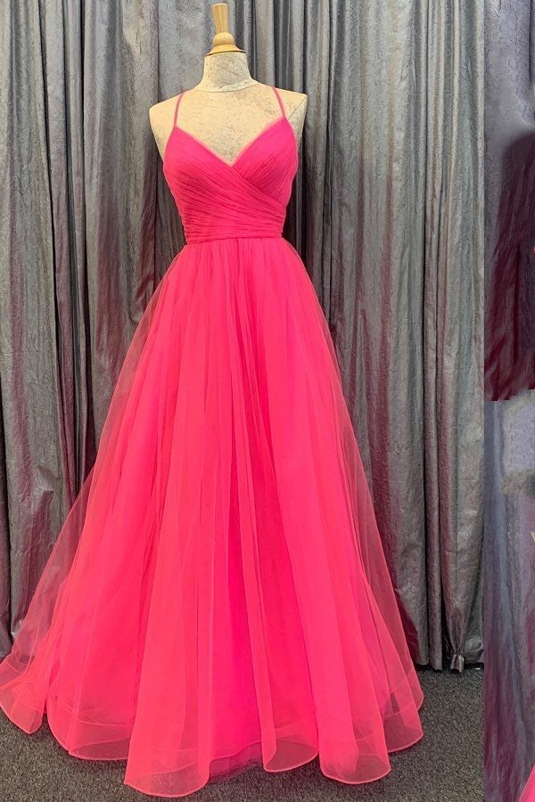 A Line Spaghetti-Straps Prom Dress Tulle Open Back