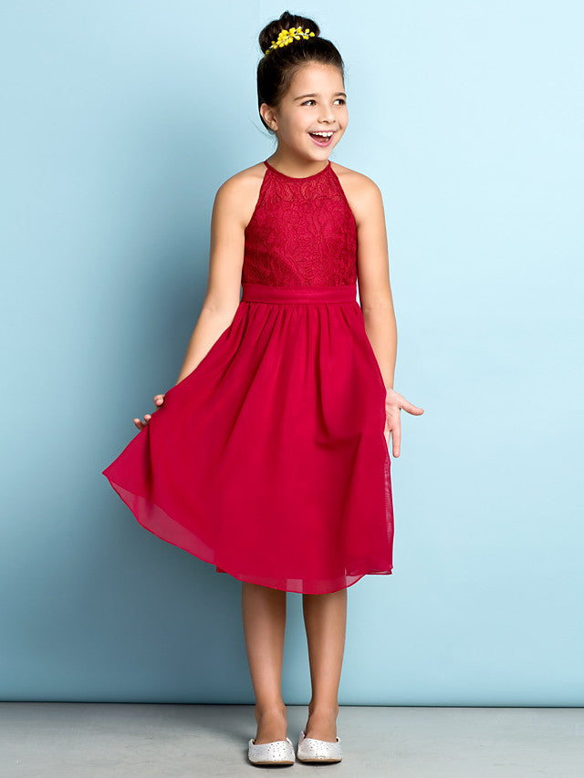 A-Line Jewel Neck Knee Length Flower Girl Dress with Lace