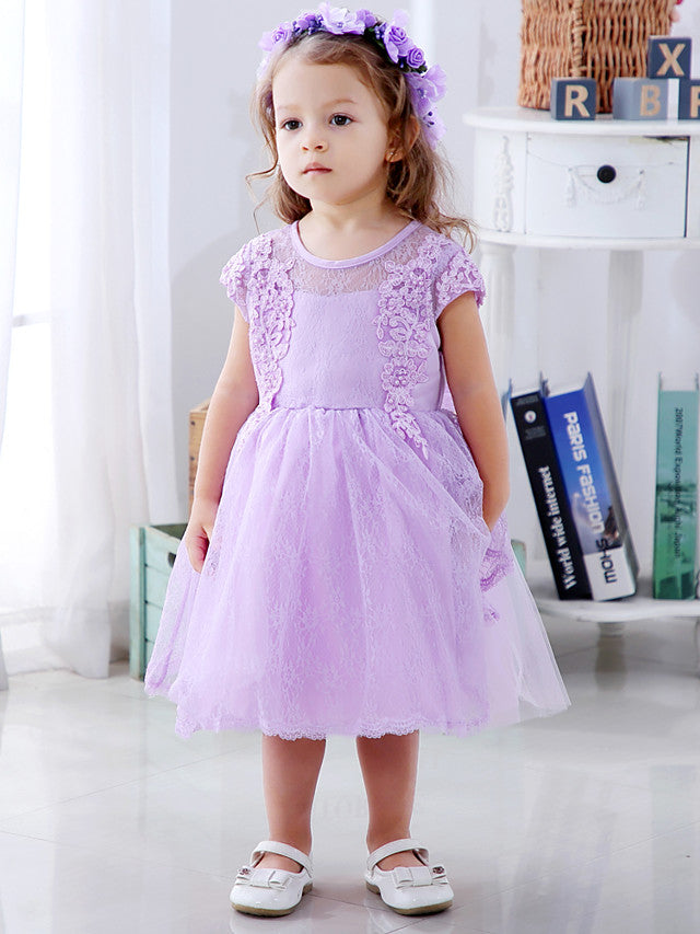 Lace Satin Tulle Flower Girl Dress with Bow Appliques | Short Sleeve Jewel Neck Ball Gown