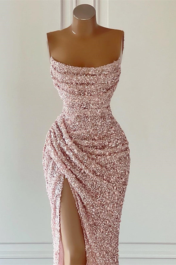 Dusty Pink Square Neck Sleeveless Prom Dress with Mermaid Slit and Sequins