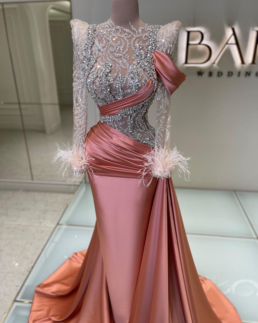 Feather Long Sleeve Sequins Diamond Prom Dress with Ruffles