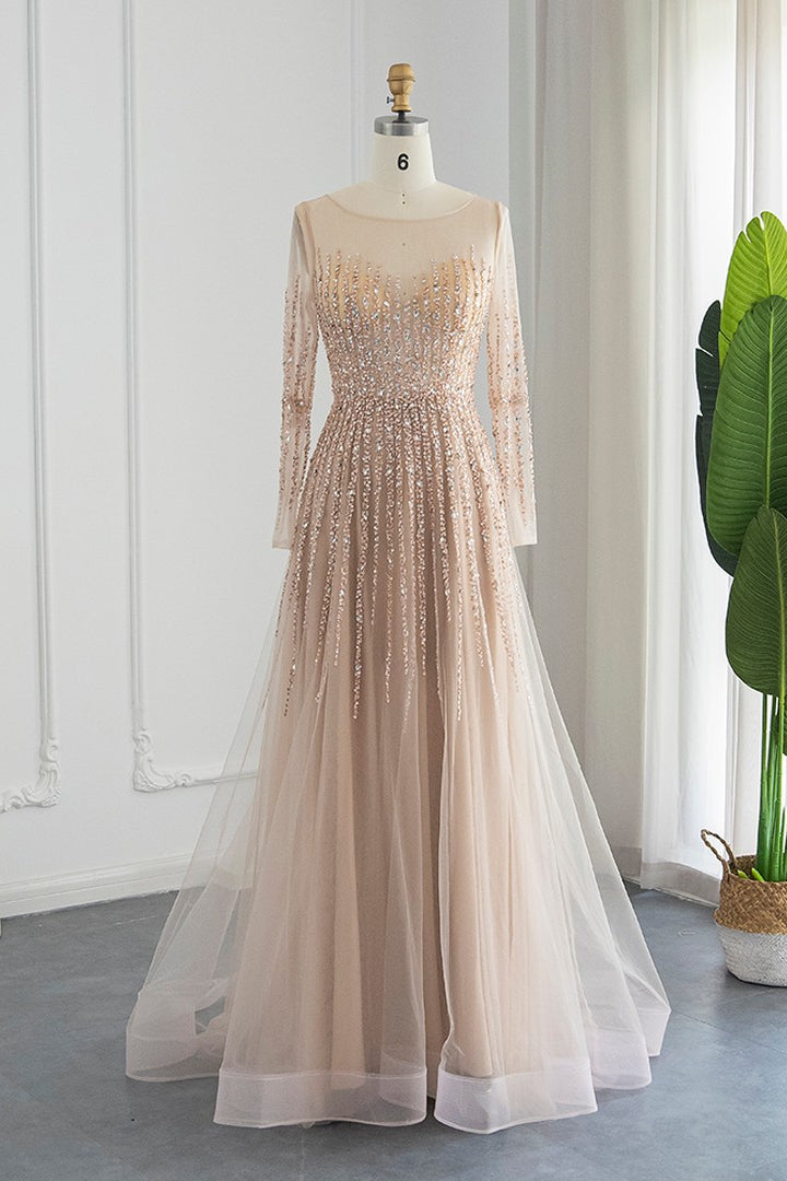 Chic A Line Prom Dress with Tulle and Appliques - Champagne Jewel Neck Long Sleeves