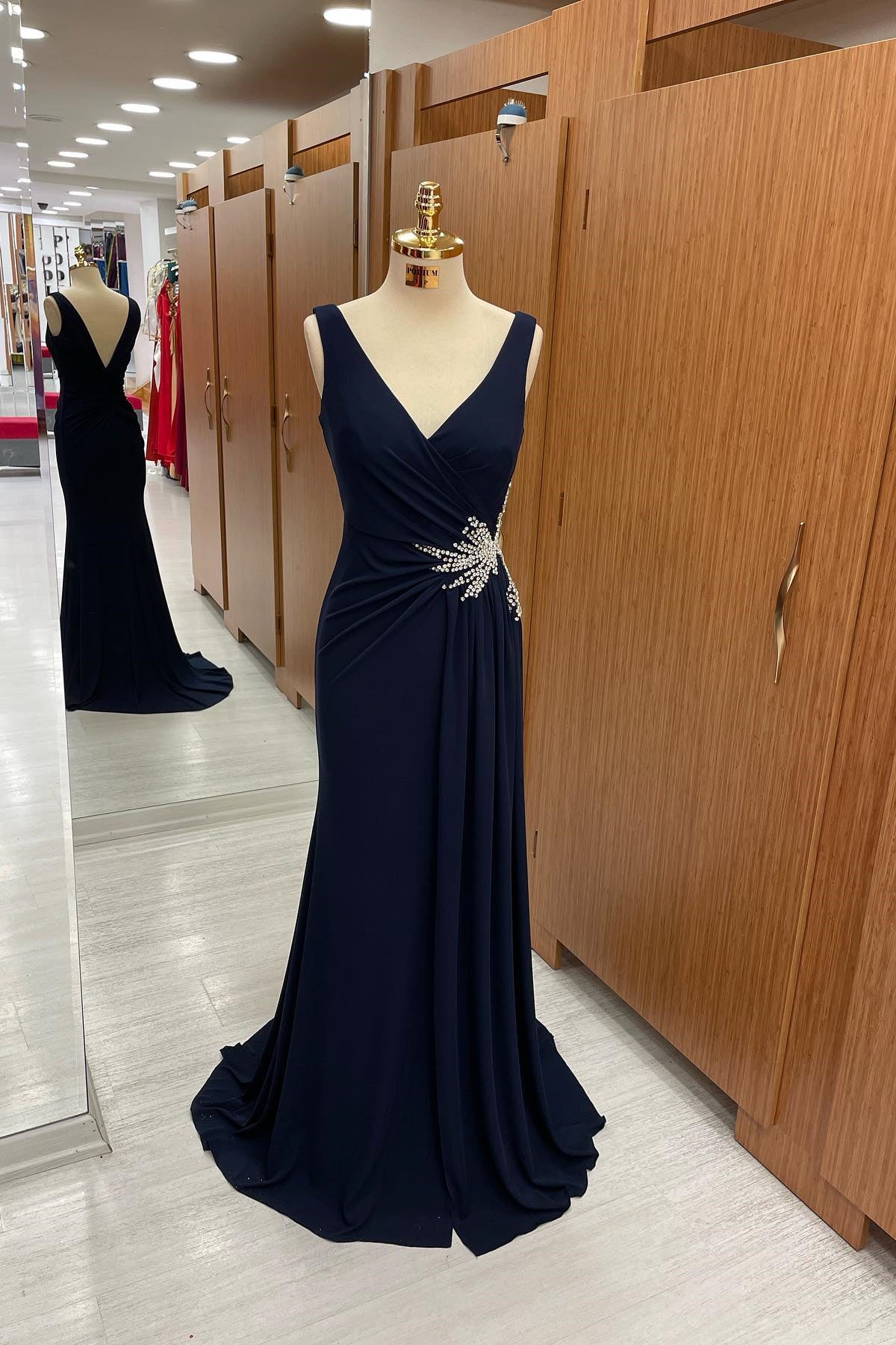 Dark Navy Straps V-Neck Pleated Prom Dress With Rhinestone - Amazing Look!