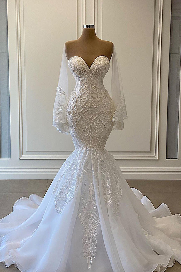 Lace Mermaid Wedding Dress with Pearls Beadings for Sweethearts