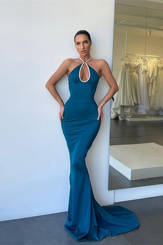 Dark Blue Sleeveless Halter Mermaid Long Prom Dress