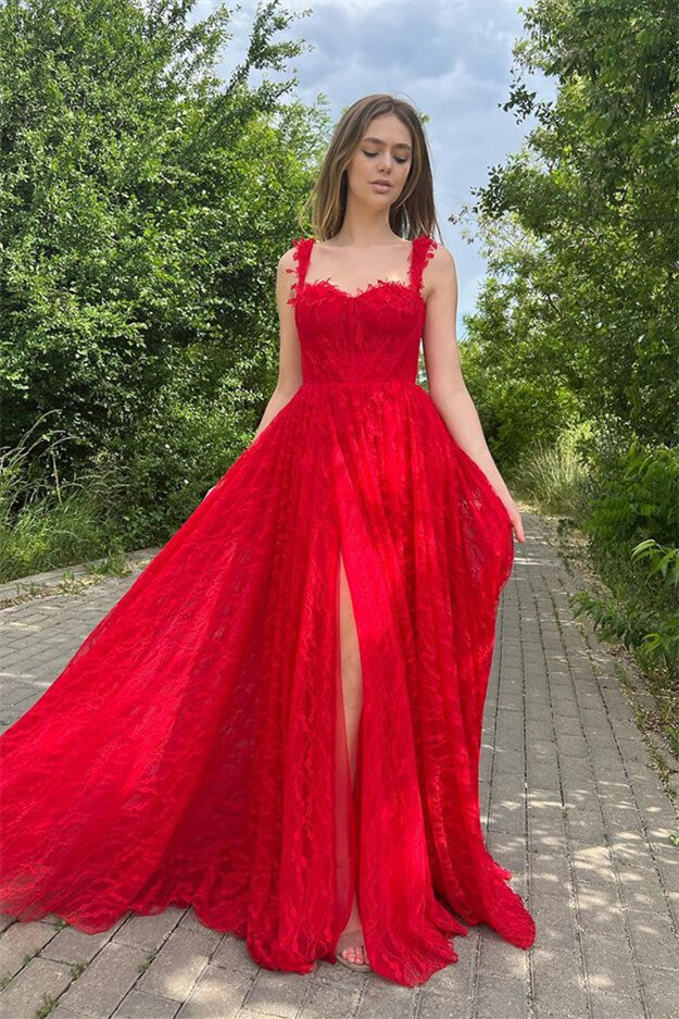 Red Evening Dress with Sleeveless Appliques and Online Front Split