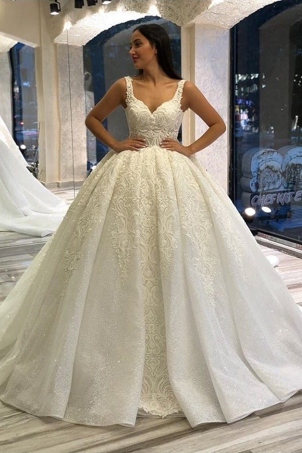 Elegant Sweetheart Spaghetti-Straps Backless Wedding Dress with Appliques Lace and Sequins